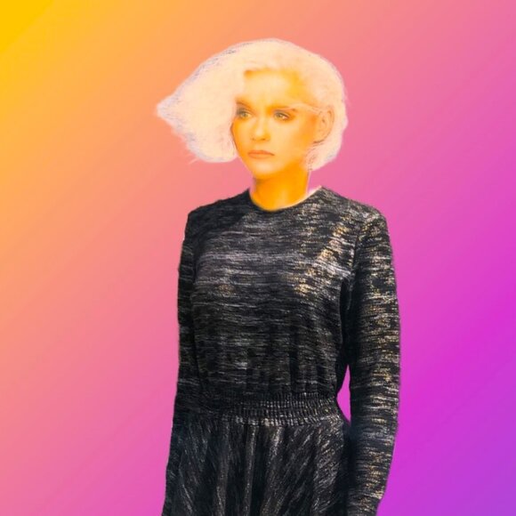 THE ALLEY Black Dress Silver Gold Threads Fit and Flare Made in Canada Size M - Picture 2 of 6